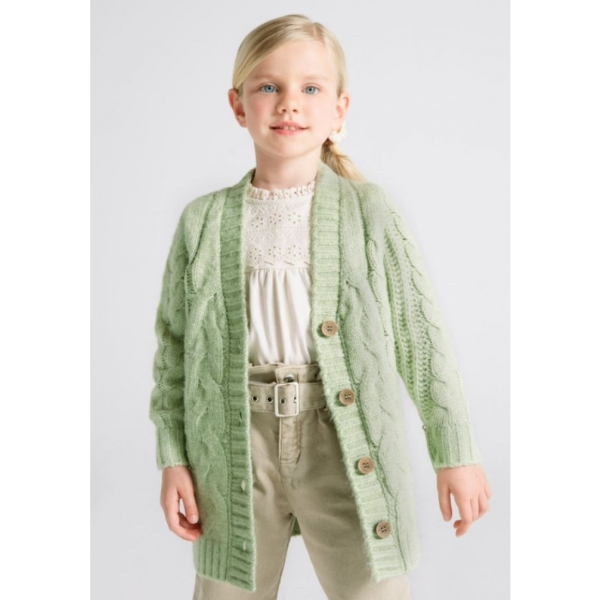 Cardigan fete Mayoral cu model torsade verde menta din tricot moale si nasturi pentru tinute de scoala sau ocazii