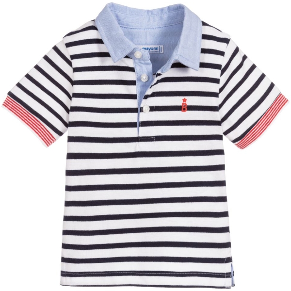 Tricou polo bebe Mayoral cu dungi alb-negru si guler albastru