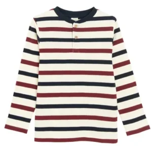 Bluză cu mânecă lungă pentru băieți din bumbac dens 220g, model în dungi bleumarin și vișinii, KidsFashionStore.