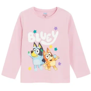 Tricou cu mânecă lungă pentru fete roz cu imprimeu Bluey și sclipici din bumbac certificat KidsFashionStore