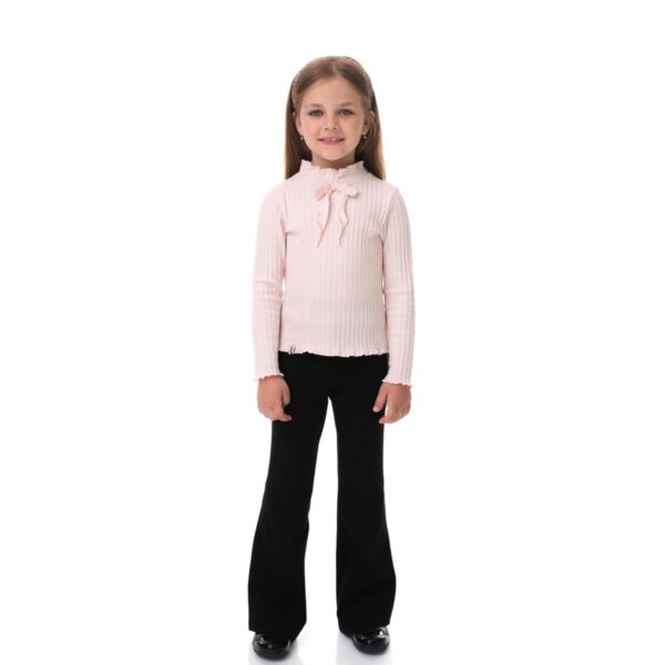 Bluză fete roz cu fundă, tricot reiat | KidsFashionStore