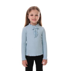Bluză fete bleu cu fundă, tricot reiat